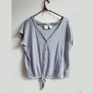 RACHEL ZOE small striped linen button down tied waist top